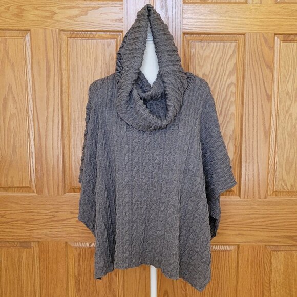 Dylan Boho Chunky Cable Knit Turtleneck Sweater Poncho Shrug Cape Hooded Gray - Picture 9 of 15